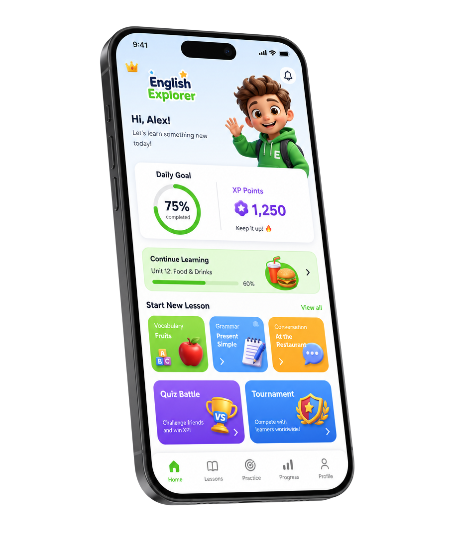 Yorlingo app home screen with daily goal, lessons and quiz battles