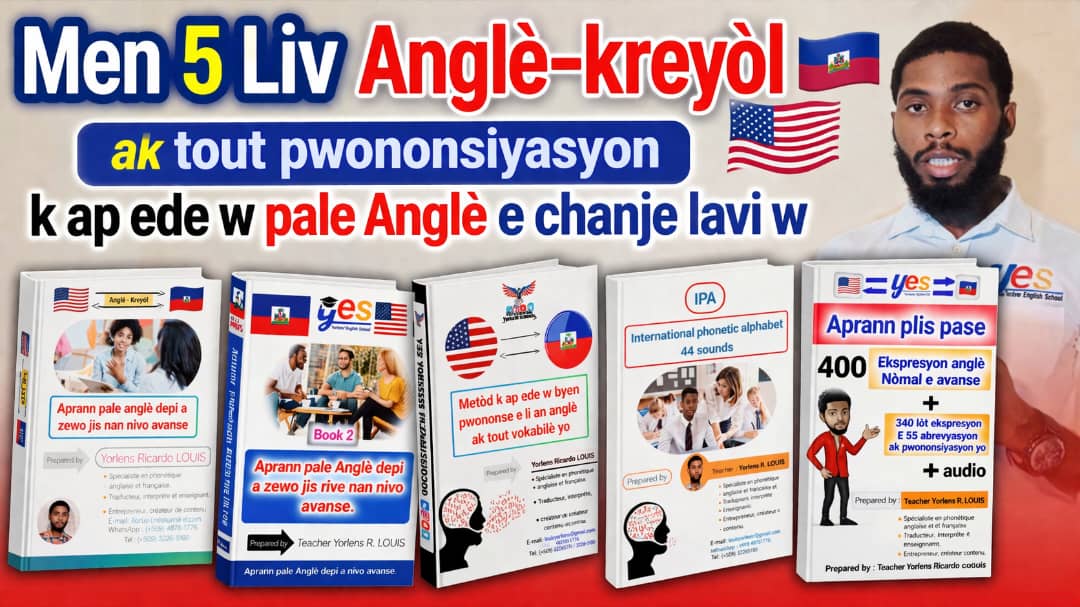 Men 5 Liv Anglè-kreyòl ak tout pwononsiyasyon — Yorlens English School book collection